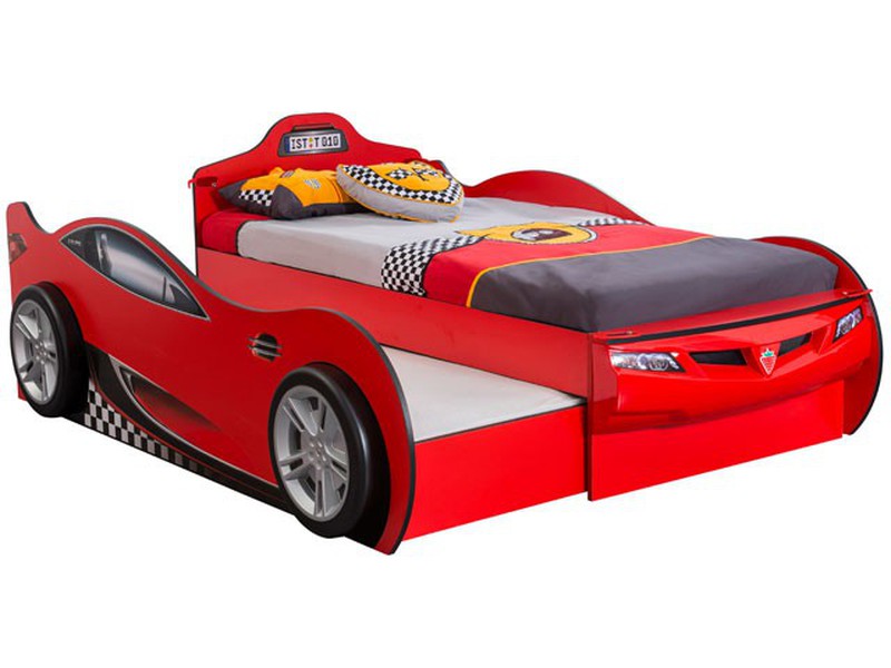 Hommoo Cama infantil con forma de coche carreras y LED 90x200 cm roja