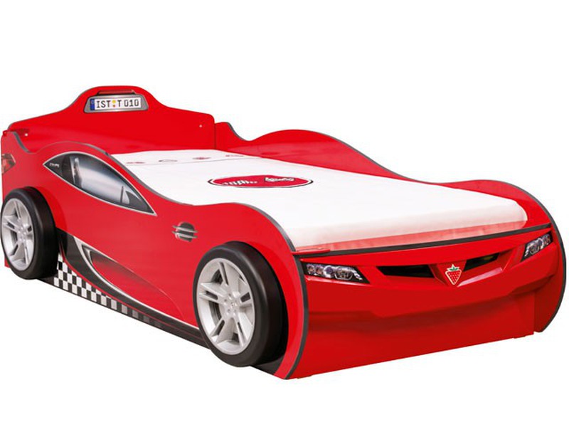 Cama de coche Speeder de noche roja para niños, funcional, alto